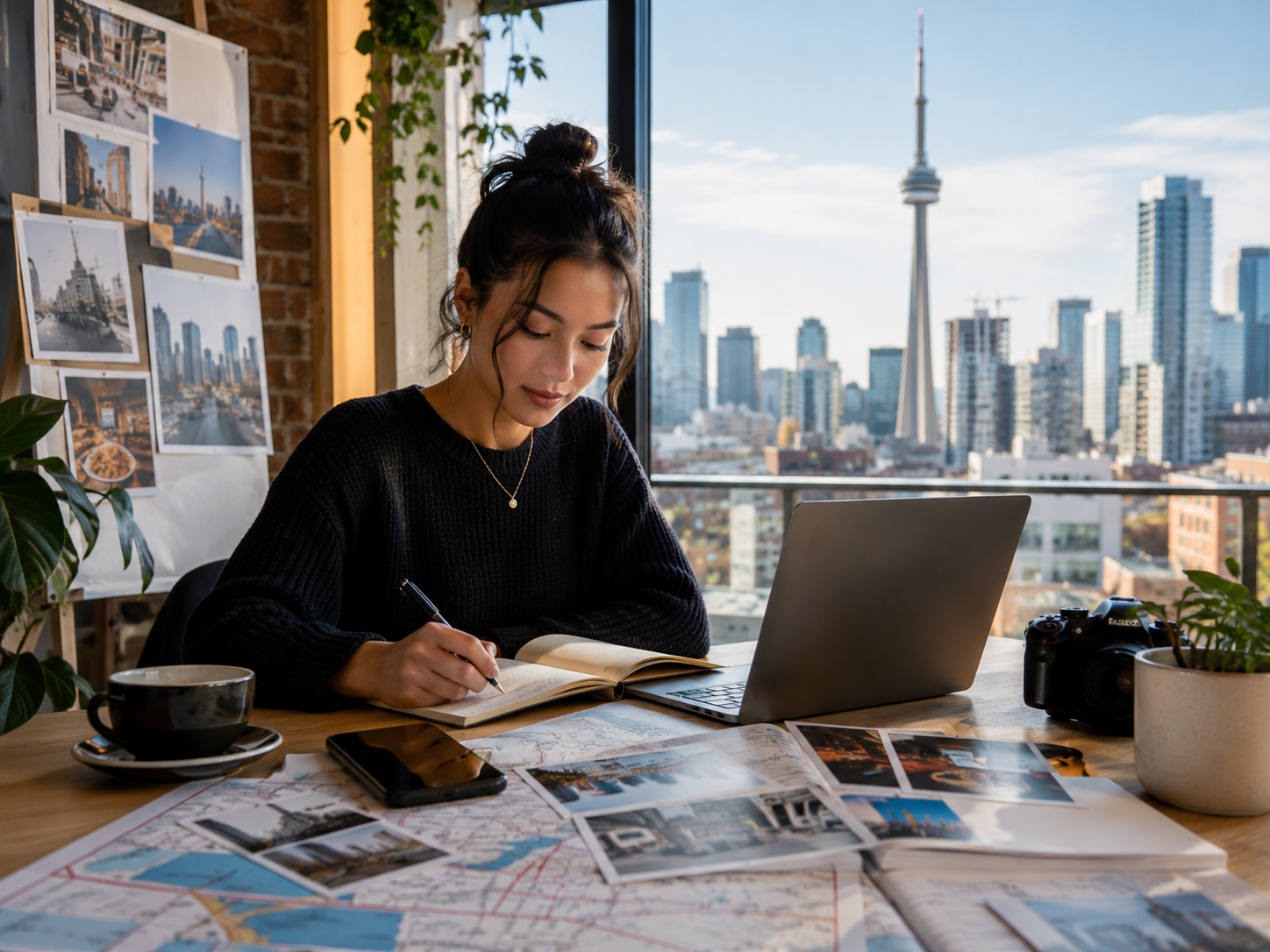 Toronto content creator planning local stories and event guides with skyline view