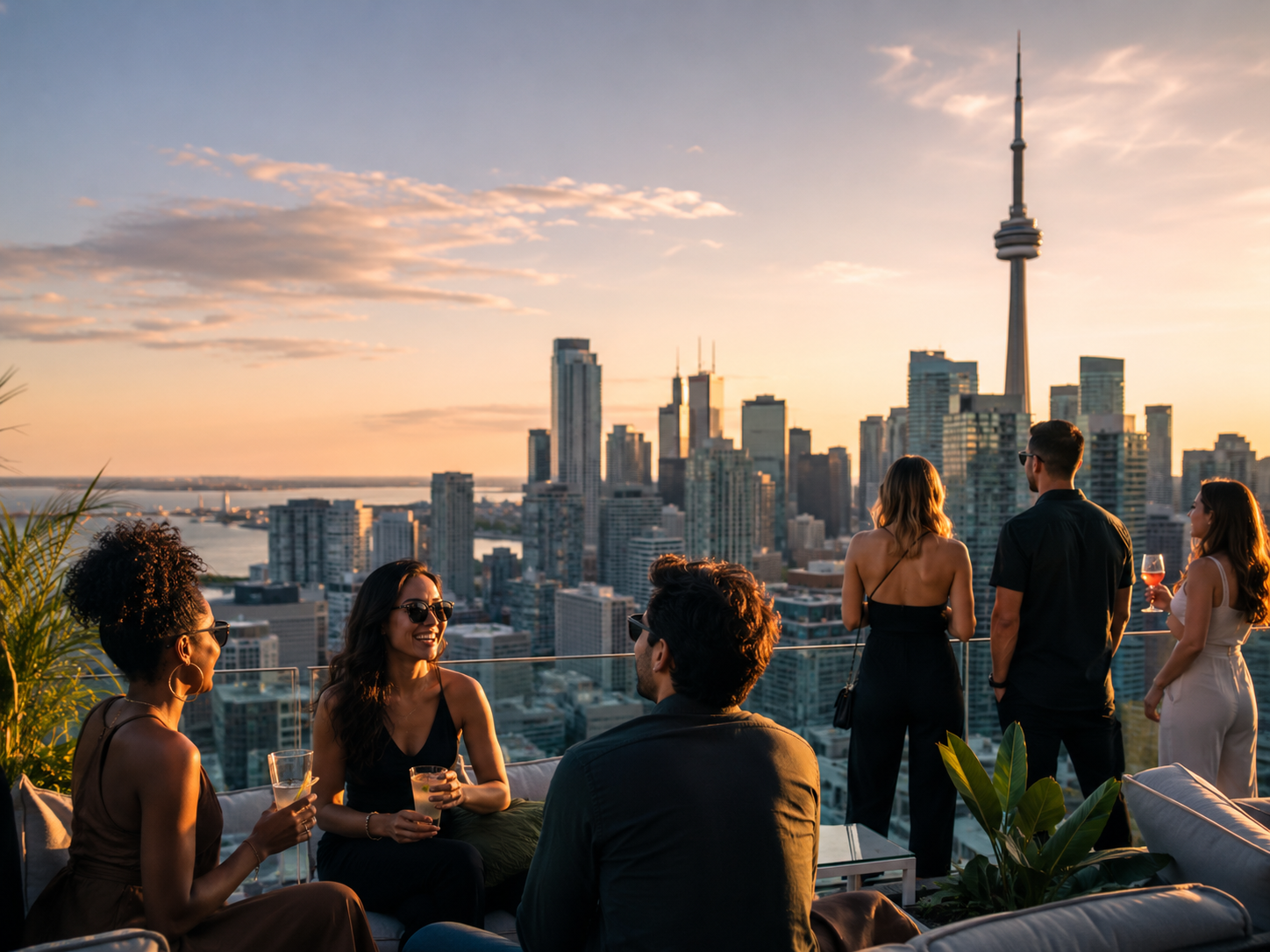 Toronto rooftop social gathering at sunset with city skyline