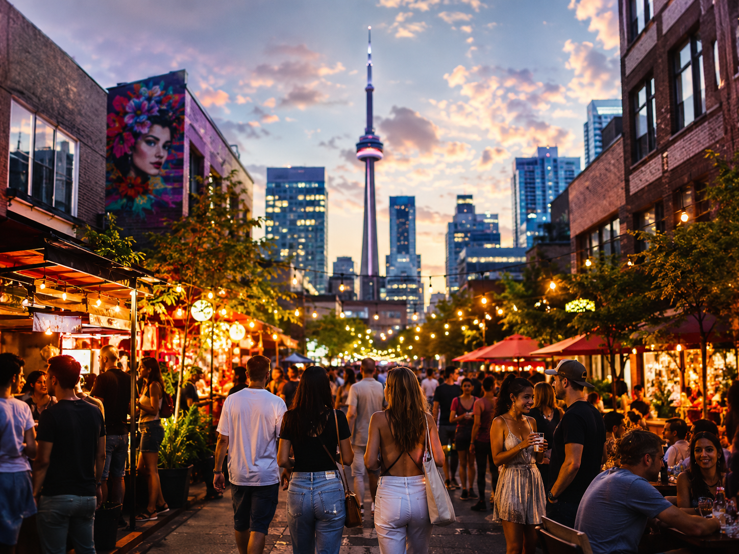 Busy Toronto summer evening market with skyline and people socializing