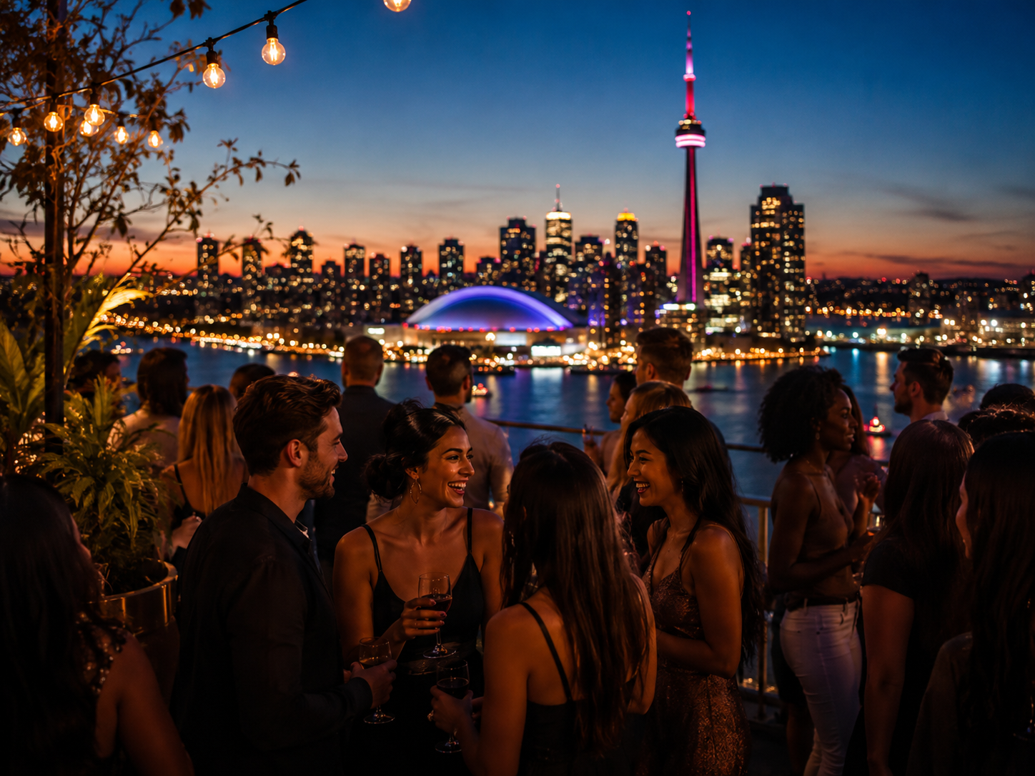 Rooftop party with Toronto skyline at night